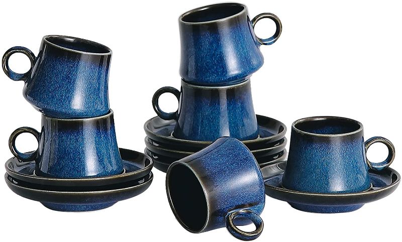 Photo 1 of Ceramics Espresso Cups with Saucers Reactive Glaze Mugs Set of 6 Dark Blue 3.7OZ (100ML)