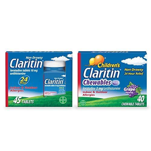 Photo 1 of Claritin 24 Hour Allergy Medicine, Non-Drowsy Prescription Strength Allergy Relief, Loratadine Antihistamine Tablets, 45 Count and Chewables for Kids, Grape, 40 Count, Bundle Pack

