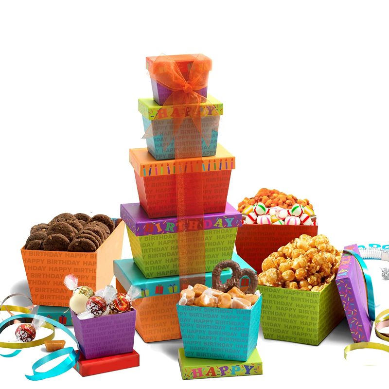 Photo 1 of Broadway Basketeers Birthday Gift Basket Tower Snack Box, Candy, Toffees, Chocolates, Cookies, & Popcorn, Kosher Certified Baskets - Birthday Gifts for Men, Women & Kids
