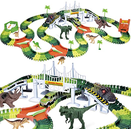 Photo 1 of Dinosaur Track Toy Set 288 Piece, Dinosaur Car Race Track Toy with 264 Flexible Tracks, 1 Dinosaur Car and 1 Race Car, Create a Dinosaur Track, Dinosaur Toy for Kids Boys Girls Children Ages 3+
