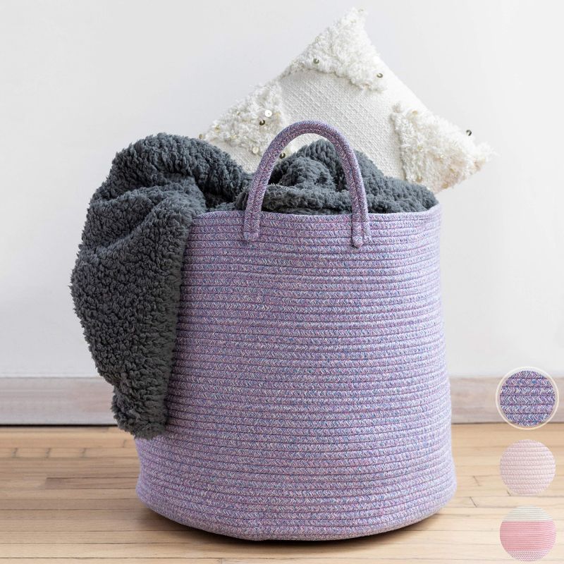 Photo 1 of XXL Premium Cotton Rope Basket 18"x18"x16" - Big Basket for Blankets Living Room – Woven Laundry Basket- Pink Basket - Large Blanket Basket Living Room - Storage Basket - Large Baskets for Blankets PURPLE
