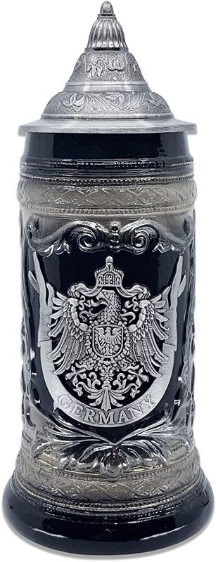 Photo 1 of .6 Liter Charcoal Black Germany Eagle Ceramic Stein Mug with Metal Medallion and Engraved Metal Lid
