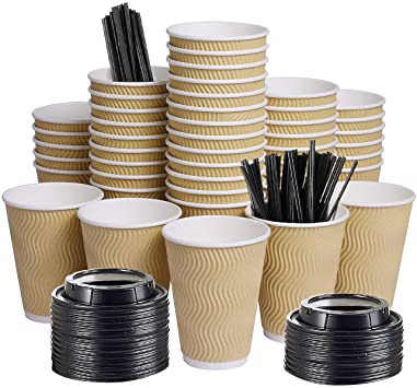 Photo 1 of 12oz 100 Packs Insulated Kraft Ripple Wall Disposable To Go Paper Coffee Cups for Office Parties Home Travel Corrugated Sleeve Hot Drink Cups with Lids & Straws
