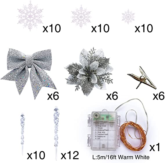 Photo 1 of 65 Pcs Christmas Tree Ornaments Set, Clear Icicle, Bows, Snowflake, Artificial Christmas Flowers Glitter Silver, Holiday Shatterproof Hanging Decorations, Silver
