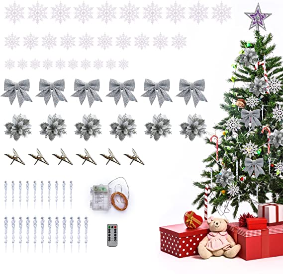 Photo 2 of 65 Pcs Christmas Tree Ornaments Set, Clear Icicle, Bows, Snowflake, Artificial Christmas Flowers Glitter Silver, Holiday Shatterproof Hanging Decorations, Silver
