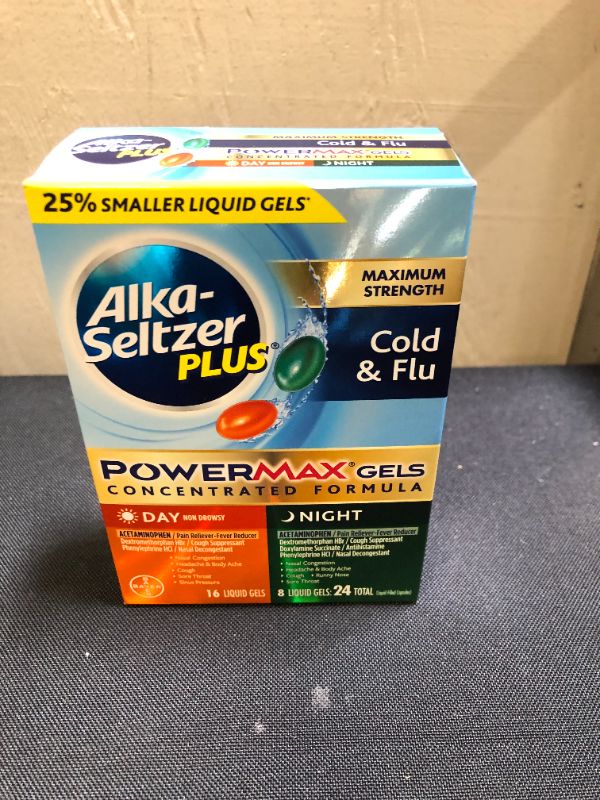 Photo 2 of Alka-seltzer Plus Cold & Flu, Power Max Cold and Flu Medicine, Day +Night, For Adults with Pain Reliever, Fever Reducer, Cough Suppresant, Nasal Decongestant, Antihistamine, 24 Count
( EXP: 01/2022)