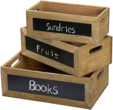 Photo 1 of Wood Nesting Storage Crates with Chalkboard Front Panel and Cutout Handles, Decorative Nesting Wood Box for Storage, Organization and Display, Set of 3, Natural Wood Finish
