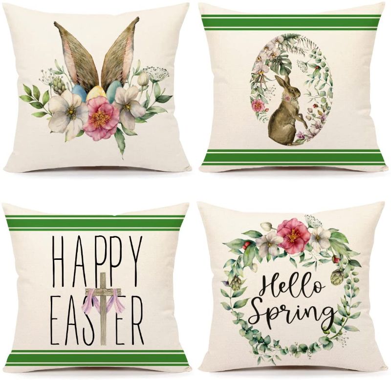 Photo 1 of 4TH Emotion Easter Pillow Covers 18x18 Set of 4 Spring Farmhouse Decor Bunny Rabbit Floral Leaves Wreath Holiday Decorations Throw Cushion Case for Home Decorations TH087
