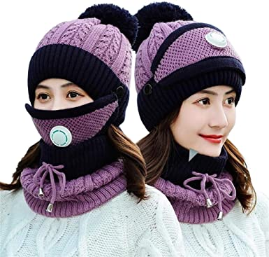 Photo 1 of Womens Pom Beanie Hat with Scarf and Mask Cover Set, Girls Warm Knitted Winter Beanie for with Fleece Lined
