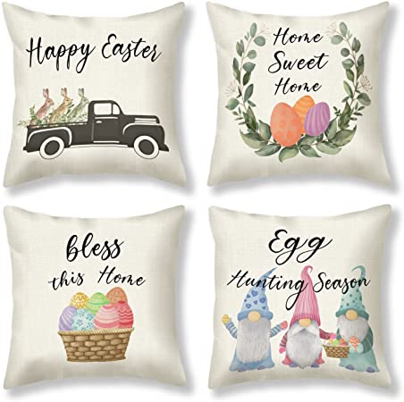 Photo 1 of Happy Easter Pillow Covers 18x18 Inches Easter Decor for Home Throw Pillow Covers Bunny Easter Eggs Gnomes Truck Farmhouse Linen Square Cushion Case for Bed Sofa Couch Chair Set of 4 ---- 2 PACK 
