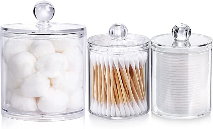Photo 1 of 3 Pack Qtip Holder Dispenser for Cotton Ball, Cotton Swab, Cotton Round Pads, Floss - 20OZ & 10 oz Clear Plastic Apothecary Jar Set for Bathroom Canister Storage Organization, Vanity Makeup Organizer