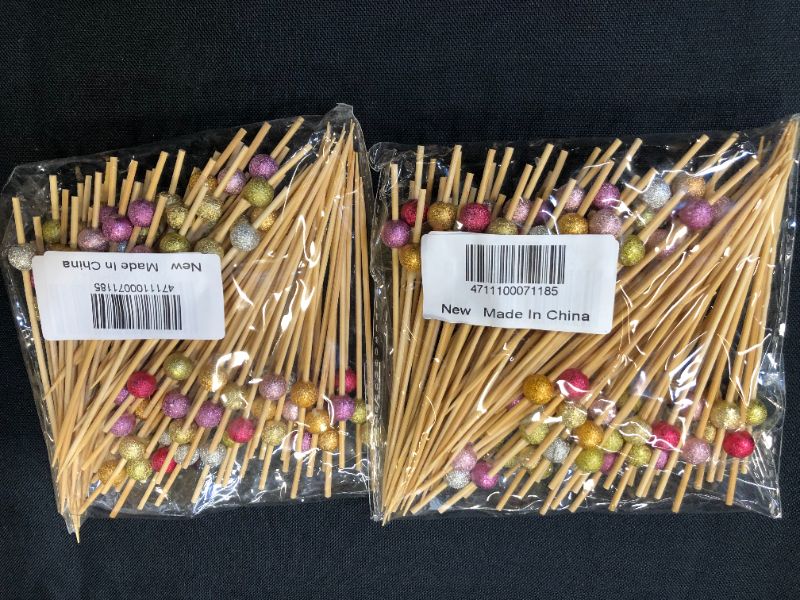 Photo 2 of 2 pack PartyWoo Pearl 100 Counts 4.7 Inch Decorative Assorted Metalic Colors Appetizer Wooden Toothpicks Picks for Cocktail Party, Multicolor

