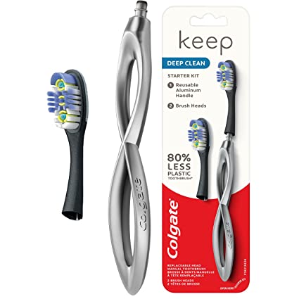 Photo 1 of Colgate Keep Soft Manual Toothbrush for Adults with 2 Deep Clean Floss Tip Brush Heads, Silver ( 2 pack )