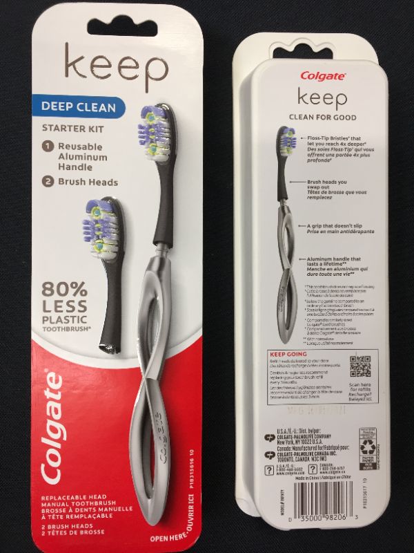 Photo 2 of Colgate Keep Soft Manual Toothbrush for Adults with 2 Deep Clean Floss Tip Brush Heads, Silver ( 2 pack )