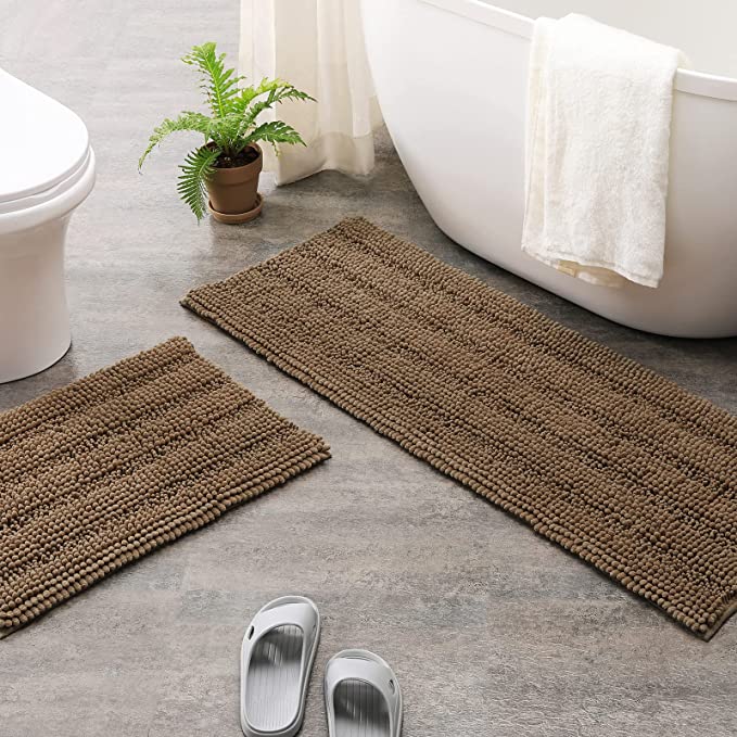 Photo 1 of Bathroom Rugs Sets 2 Piece Chenille Bathroom Mats Set Thick Bath Runner Rug Absorbent Bath Mats for Bathroom Non-Slip Machine Washable Bath Rug Set for Shower, 47x17 Plus 17x24 Taupe Brown, Ciicool