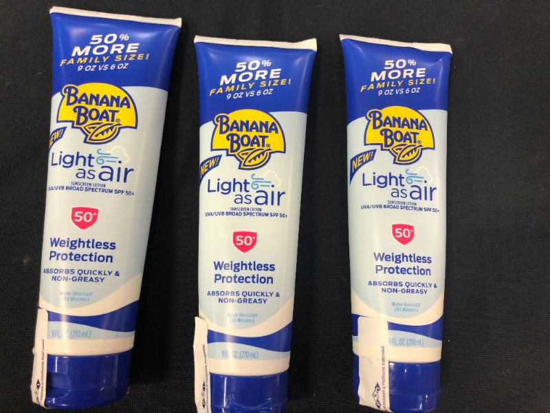 Photo 3 of Banana Boat Light As Air, Reef Friendly, Broad Spectrum Sunscreen Lotion, SPF 50, 9oz. --PACK OF 3--
