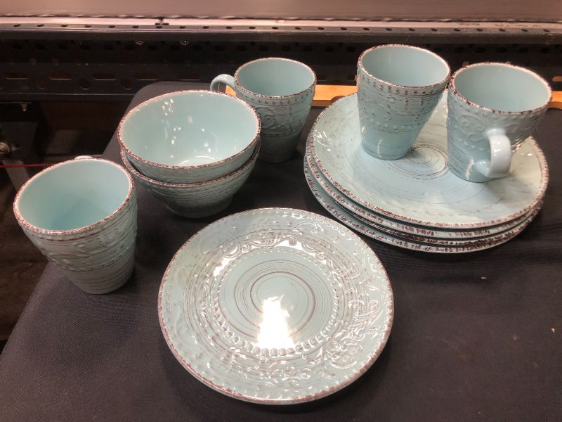 Photo 1 of Elama Embossed Stoneware Ocean Dinnerware Dish Set, Turquoise------incomplete 12pcs only
