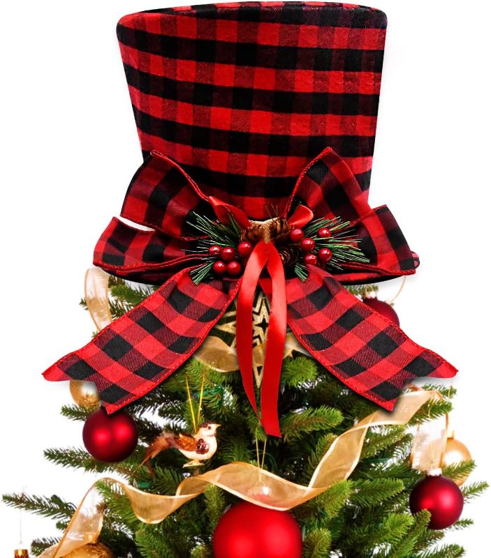 Photo 1 of Christmas Tree Topper Hat Unique, Collapsible Tree Topper Ornament Accent Red Black Plaid Fabric Top Hat w/Bow, Holiday Hat Decoration, Christmas Tree Decor