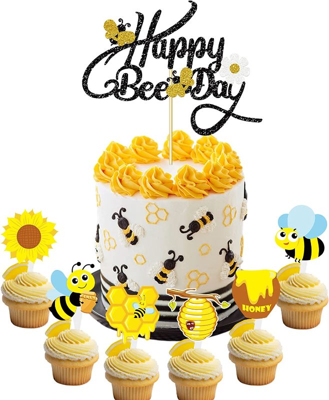 Photo 1 of 2 COUNT Vetwo 31pcs Happy Bee Day Cake Topper Glitter Bumble Bee Baby Shower Cupcake Decor Bee Welcome Baby/Bee Beehive/Mommy to Bee Theme Gender Reveal Pregnancy Announcement Party Supplies Decorations
