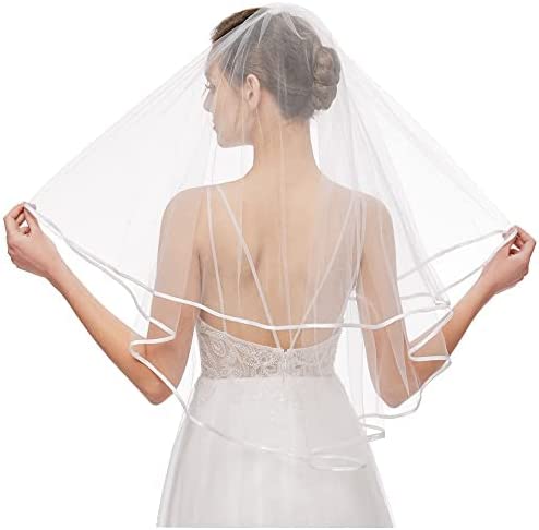 Photo 1 of Bridal Veil Women's Simple Tulle Short Wedding Veil Ribbon Edge with Comb for Wedding Bachelorette Party

