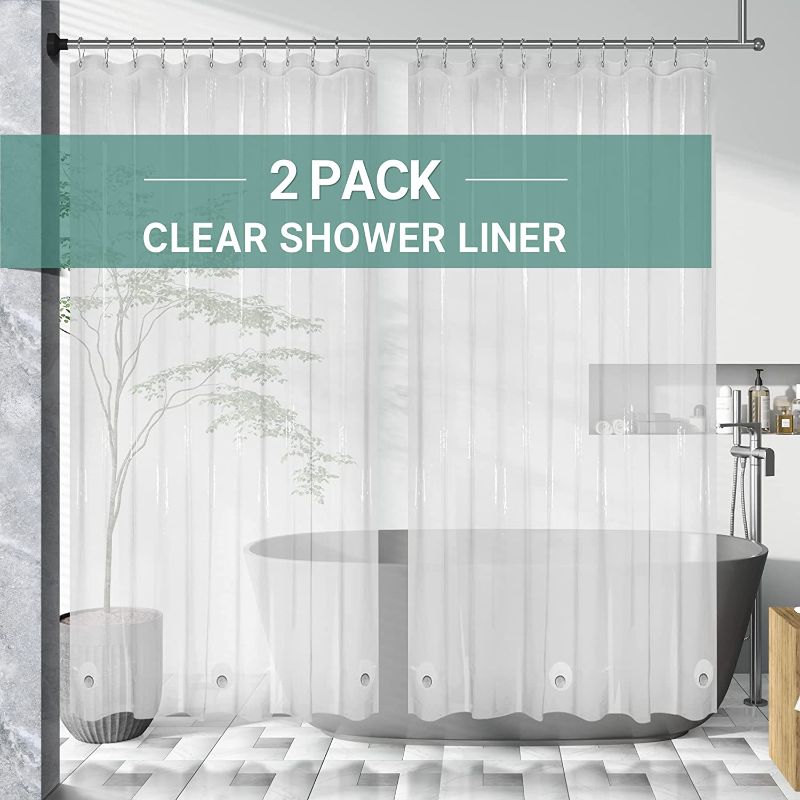 Photo 1 of AmazerBath 2 Pack Clear Shower Curtain Liners, 72 x 96 Inches PEVA 3G Plastic Shower Curtains with Heavy Duty Stones and 12 Grommet Holes, Extra Long Waterproof Plastic Liners- Clear
