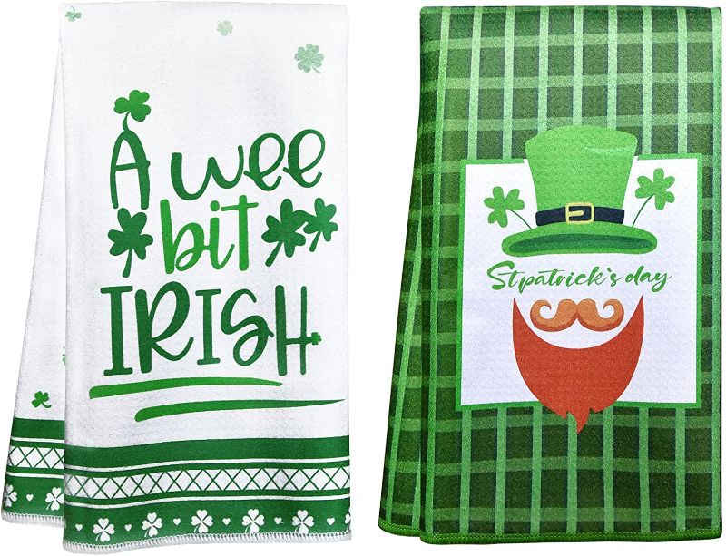 Photo 1 of AEUEFUEA A Wee Bit Irish St Patricks Day Leprechaun Shamrock Kitchen Towels Dish Towels, Soft Absorbent St Patricks Green Hand Towels for Bathroom Kitchen Holiday Seasonal Decoration Sets of 2
