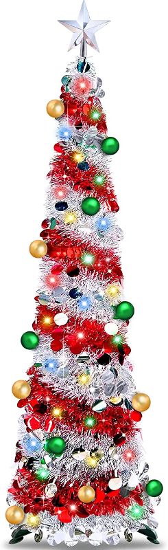 Photo 1 of 6 Ft Lighted Slim Valentines Day Tree with Timer Ball Ornament 80 Color Lights Battery Powered Big 3D Star,Glitter Tinsel Pop Up Pencil Valentines Day Tree Decoration Indoor Outdoor ( Silver + Red )
