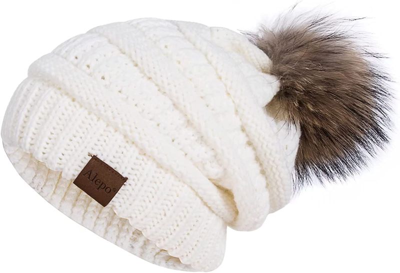 Photo 1 of Alepo Winter Beanie Hat for Women, Real Fur Pom Pom Slouchy Chunky Knit Warm Fleece Lined Thermal Soft Ski Cap
