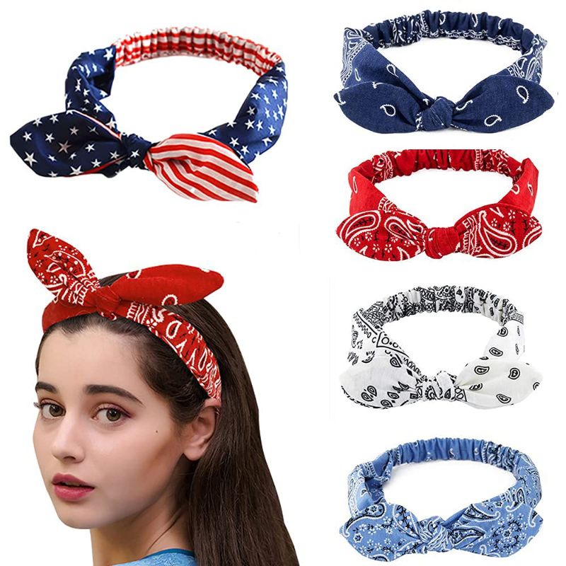 Photo 1 of EYSL Twist Headbands for Women Girls Rabbit Ear American flag 5 Pack Boho Turban Headwraps Elastic Fashion Flower Printed Hair Accessories Cute Hair Band (5pcs), Multi-coloredC-5
