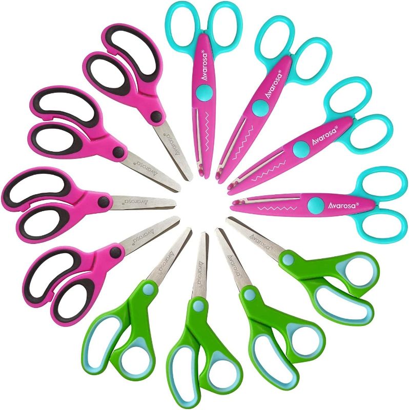 Photo 1 of Blunt Tip Kids & Paper Edge Scrapbooking Craft Scissors Mix Set of 12 Pack, Small Safety Kid Scissors , Scrapbooking Craft Scissors, Craft Cutting Tool for Home Teacher Student School Art Supplies.
