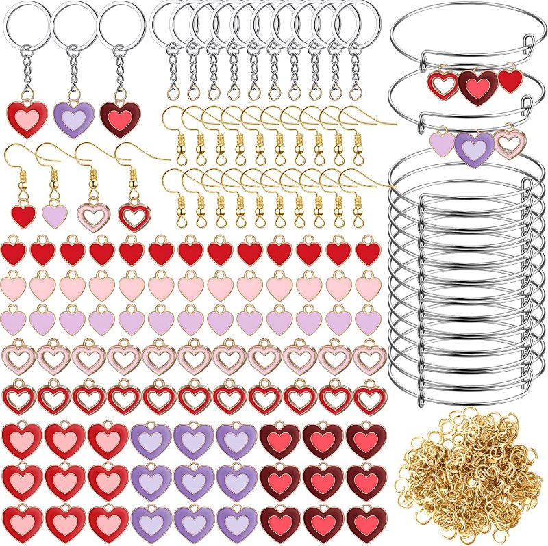 Photo 1 of 374 Pieces Valentine's Day Heart Shape Charm Making Kit Include 100 Enamel Heart Pendants 30 Expandable Bangle 20 Keyring with Chain 48 Pcs Ear Hooks 200 Jump Rings for DIY Craft Jewelry Making Women
