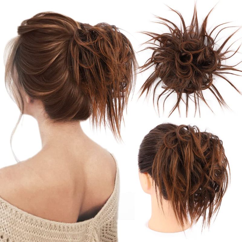 Photo 1 of HMD Tousled Updo Messy Bun Hairpiece Hair Extension Ponytail with Elastic Rubber Band Updo Ponytail Hairpiece Synthetic Hair Extensions Scrunchies Ponytail Hairpieces for Women(Tousled Updo Bun, Dark Brown mix Light Auburn)
