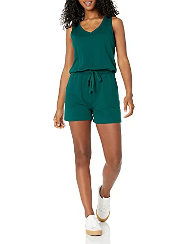 Photo 1 of Amazon Essentials Women's Studio Terry Fleece Romper, Dark Green, Large
