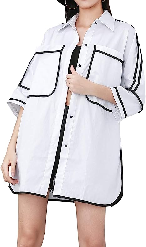 Photo 1 of ellazhu Women's Casual White Shirt with Turn-Down Collar 3/4 Sleeves Button-Down Pockets GY1812 A
