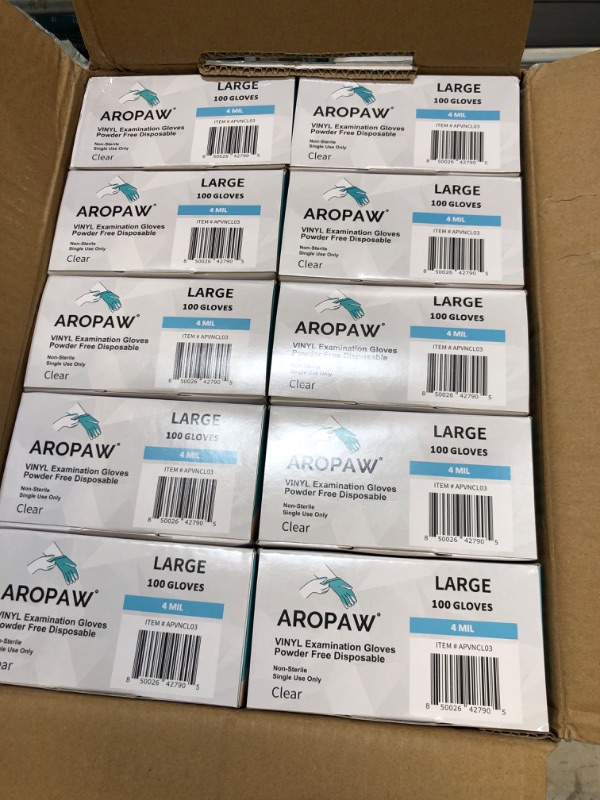 Photo 2 of AroPaw Vinyl Gloves Case Strong 4 MIL Latex Free Powder Free 10 Boxes| 1000 Gloves Large (Pack of 1000)