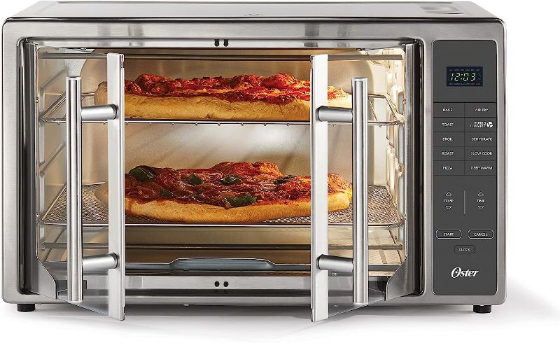 Photo 1 of Oster Air Fryer Oven, 10-in-1 Countertop Toaster Oven, XL Fits 2 16" Pizzas, Stainless Steel French Doors
