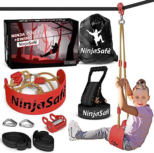 Photo 1 of Adventurous Ninja Pulley Kit for Kids - Outdoor Fun with 70 ft. Slackline and Adjustable Swing Seat - Kids Slider Line Kit for Yard or Park - Slider Lines for Backyard Kids Ages 5-14