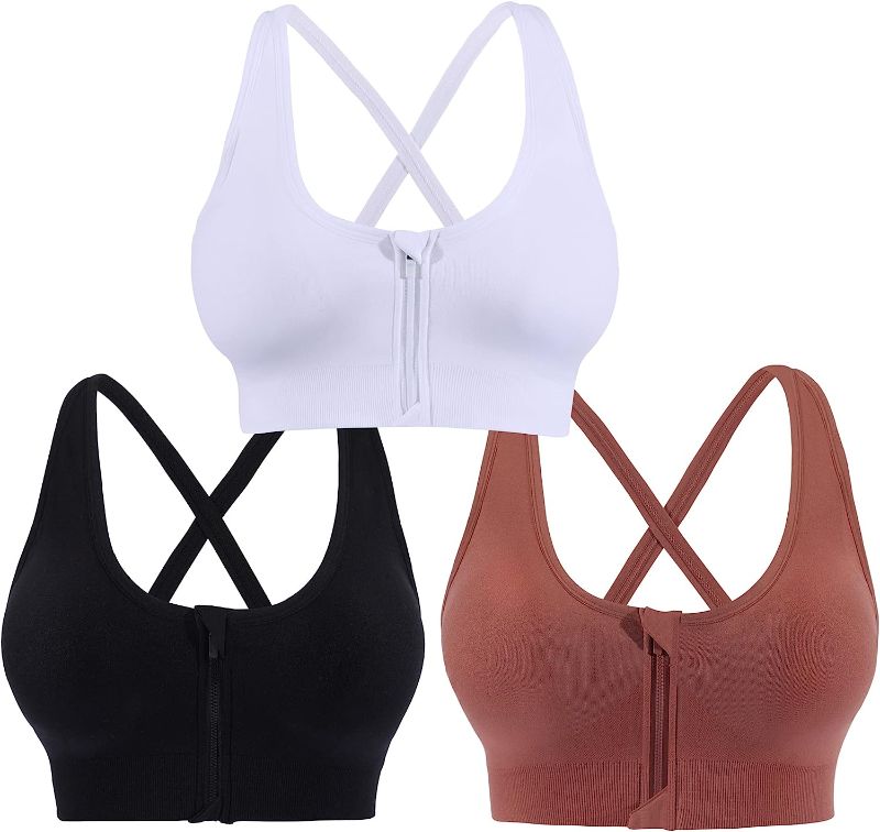 Photo 1 of AKAMC 3 Pack Women's Medium Support Cross Back Wirefree Removable Cups Yoga Sport Bra SIZE LARGE