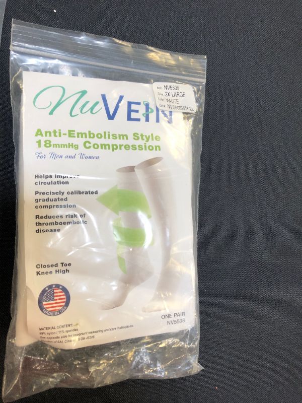 Photo 2 of NuVein Surgical Stockings, 18 mmHg Support for Embolic Recovery, Medical Unisex Fit, Knee High, Closed Toe, White, 2X-Large

