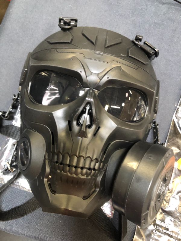 Photo 2 of M10 Airsoft Protective Gas Mask Tactical, Full Face Protection Toxic Safety Double Exhaust Fan Dummy Game Mask Adjustable Strap for BB Gun Cosplay Halloween Masquerade Movie Shooting Costume Props--- missing  one side filter 