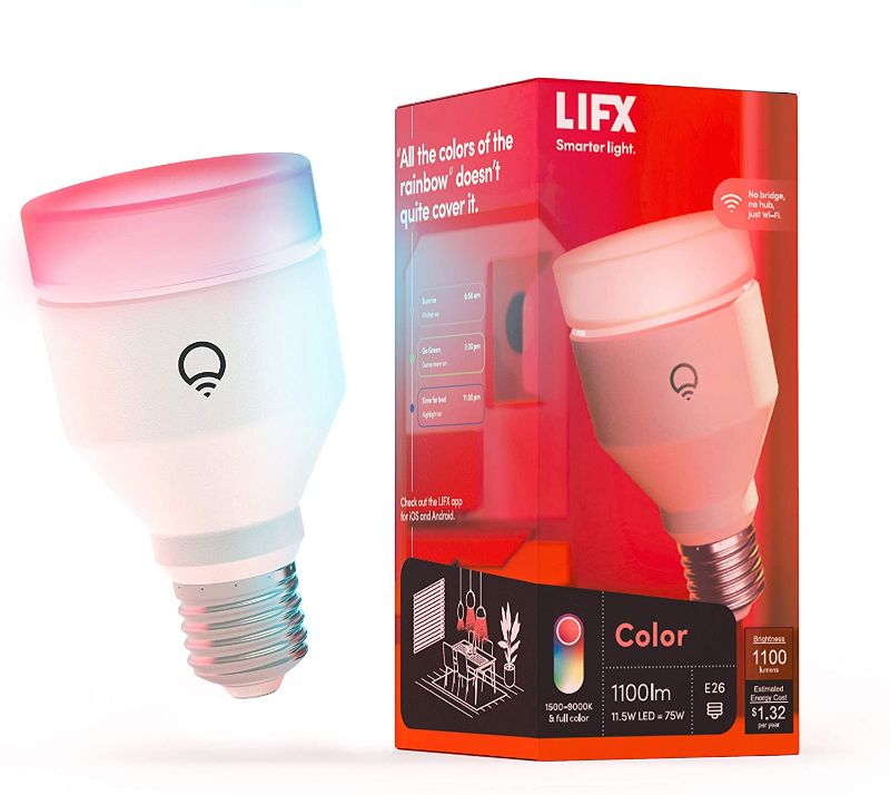 Photo 1 of LIFX Color, A19 1100 lumens, Wi-Fi Smart LED Light Bulb, Billions of Colors and Whites, No bridge required, Works with Alexa, Hey Google, HomeKit and Siri, Multicolor
