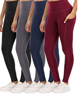 Photo 1 of 4 Pack Leggings with Pockets for Women,High Waist Tummy Control Workout Yoga Pants (S)
