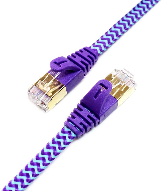 Photo 1 of Tera Grand - 12FT - CAT7 10 Gigabit Ethernet Ultra Flat Patch Cable for Modem Router LAN Network - Braided Jacket, Gold Plated Shielded RJ45 Connectors, Faster Than CAT6a CAT6 CAT5e, Purple & Blue