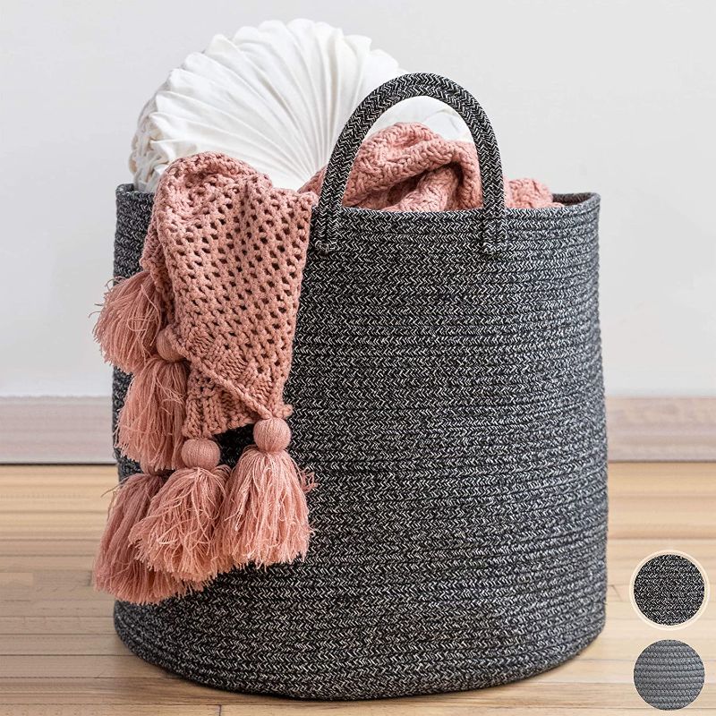 Photo 1 of XXL Premium Cotton Rope Basket 18 inch x16 inch - Large Baskets for Storage - Woven Laundry Basket- Black Farmhouse Basket -Rope Storage Baskets - Cotton Basket for Living Room Storage - Wicker Basket
