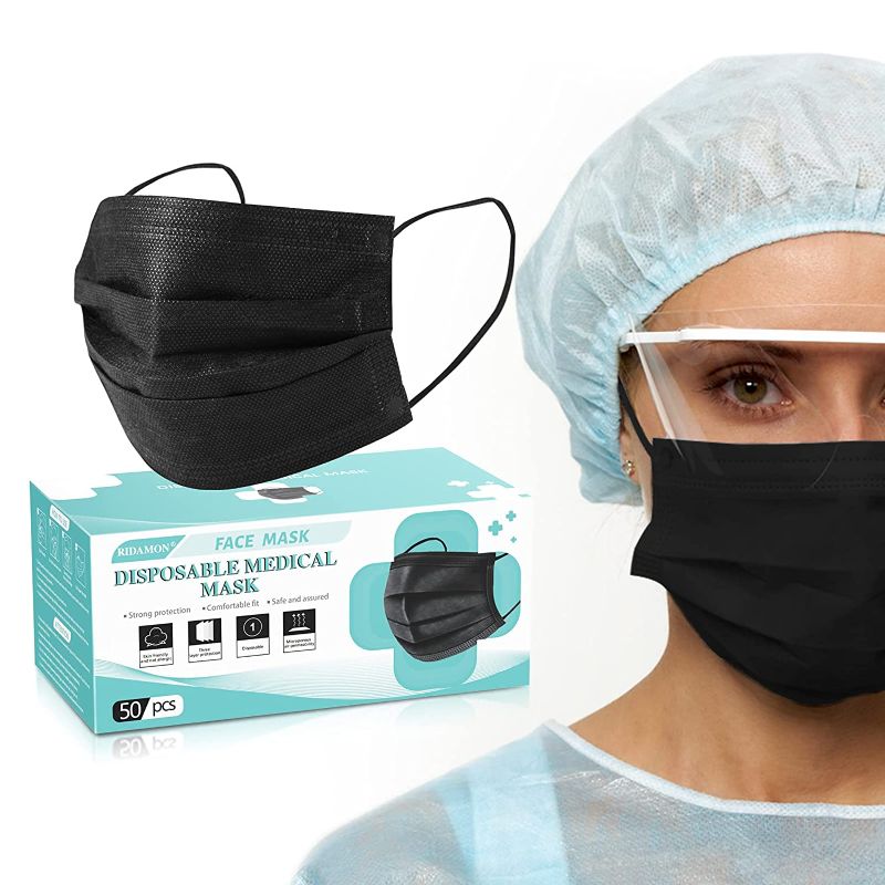 Photo 1 of Black disposable face masks medical grade,3 layermasks disposable 50 pack 2 count 

