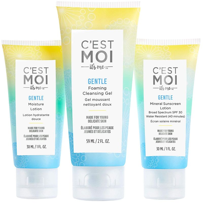 Photo 1 of C'est Moi 3 Step Gentle Skin Care Set | Kit includes Gentle Foaming Cleansing Gel, Gentle Moisture Lotion, & Gentle Mineral Sunscreen Lotion Broad Spectrum SPF 30, Clarifying & Moisturizing System