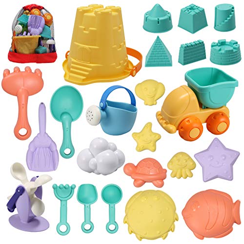 Photo 1 of JOYIN 24 Pcs Beach Sand Toys Set with Mesh Bag Includes Sand Water Wheel, Sandbox Vehicle, Sand Molds, Bucket, Sand Shovel Tool Kits, Eco-Friendly Sand Toys for Toddlers Kids Outdoor Play

