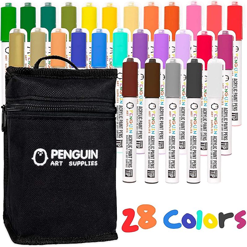 Photo 1 of 28 Dual Tip Acrylic Paint Pens: Ideal Art & Craft Christmas Gift - Craft Paint Markers for Painting Wood, Glass, Rock, Ceramic, Porcelain - Non Toxic Reversible Paint Pen with Thick 5mm Tip and 3mm Fine Tip - 28 Pens with Zipper Pouch
