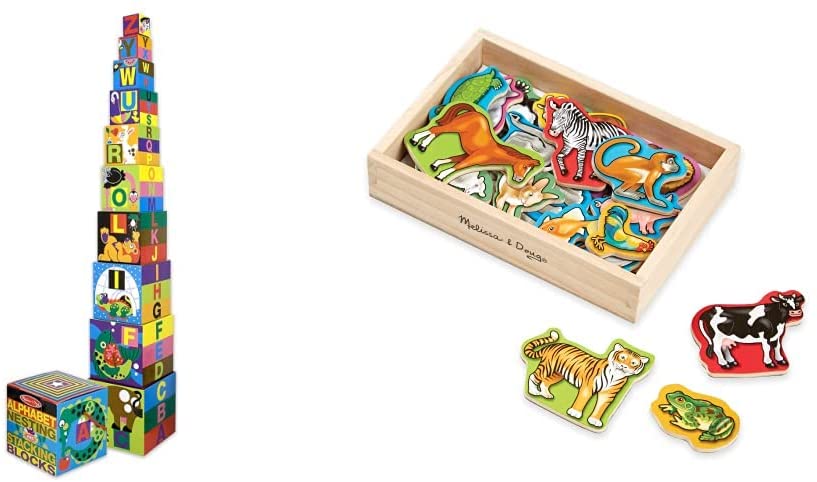 Photo 1 of Melissa & Doug Deluxe 10-Piece Alphabet Nesting and Stacking Blocks & 20 Wooden Animal Magnets in a Box
