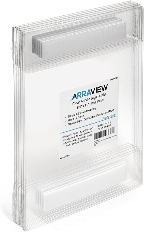Photo 1 of 8.5 x 11 Acrylic Sign Holder Clear Wall Mount Adhesive, No Drilling, Arraview 6-Pack
